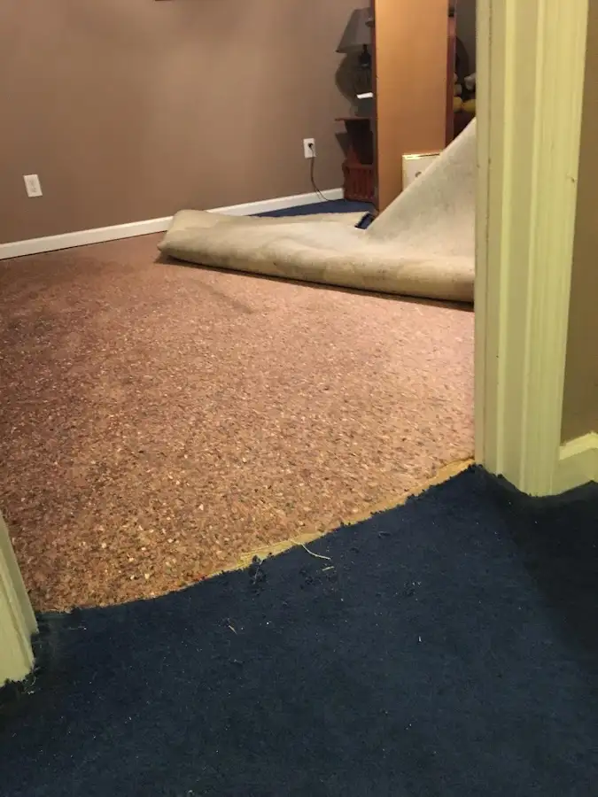Carpet pad removal revealing water damage during Water Mitigation Services in Angier